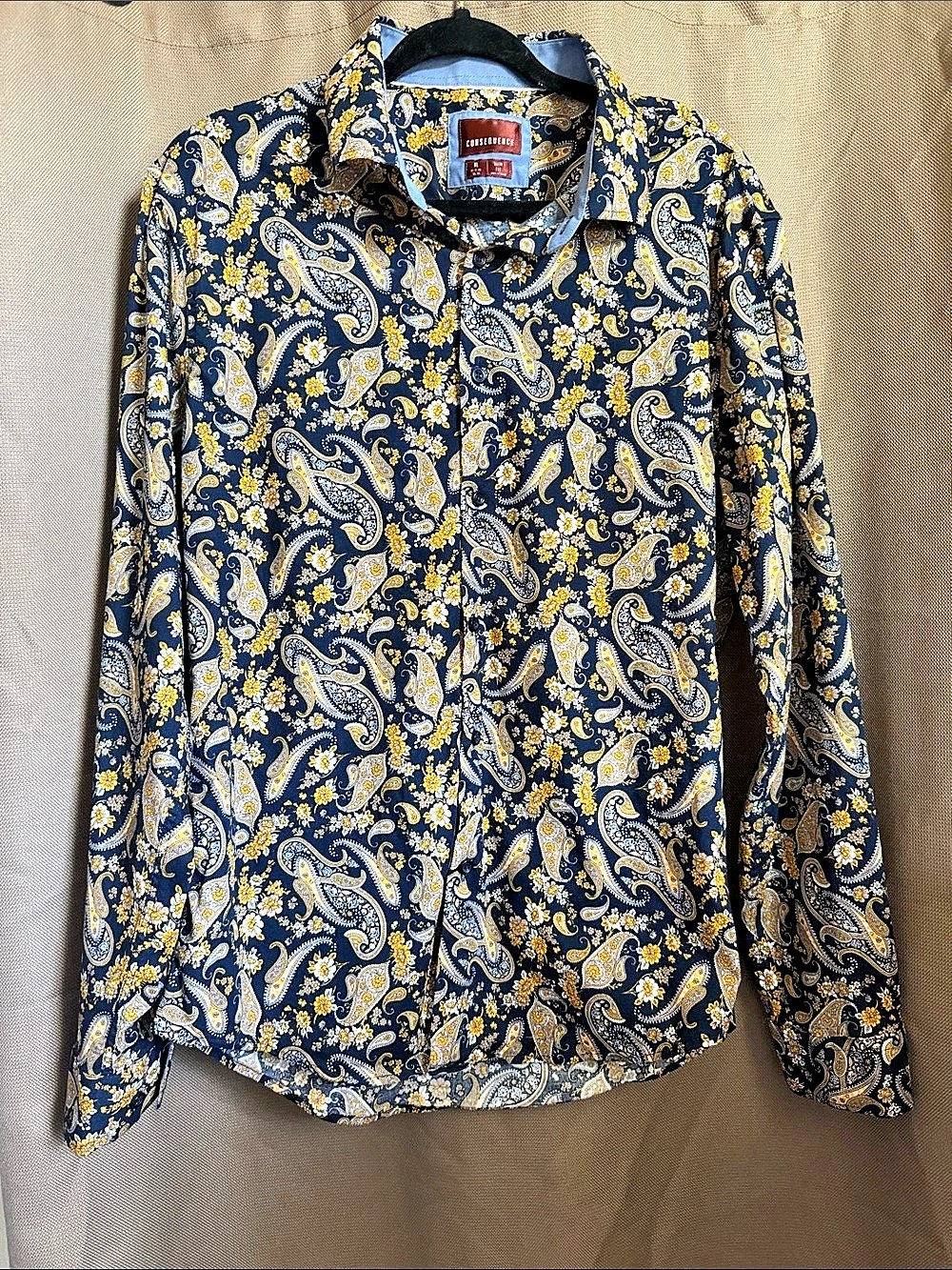 Consequence Paisley Button Down in Blue & Yellow XL